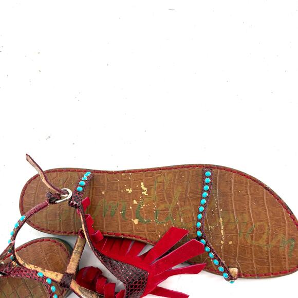 Sam Edelman Bead Fringe Sandals 8 Brown Tan Red Turquoise Southwestern - Picture 2 of 6